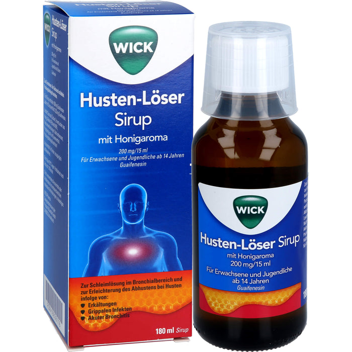 WICK Husten-Löser Sirup mit Honigaroma mit Guaifenesin zur Linderung von produktivem Husten, 180 ml Solution