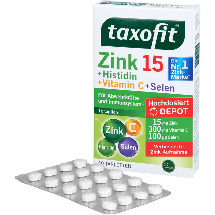 Taxofit Zink + Histidin + Vitamin C + Selen Depot Tabletten für Abwehrkräfte und Immunsystem, 40 pcs. Tablets