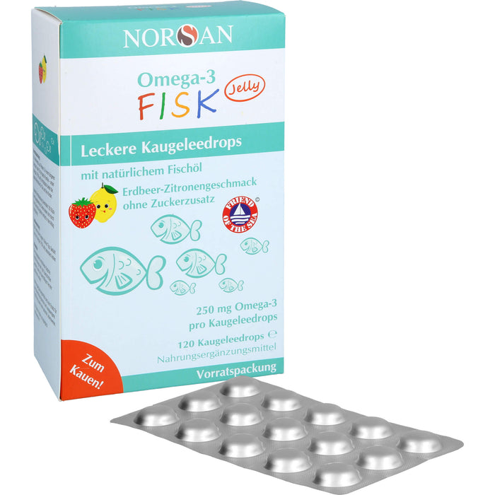 NORSAN Omega-3 FISK Jelly - für Kinder leckere Kaugeleedrops mit Erdbeer-Zitronengeschmack, 120 pcs. Gum drops