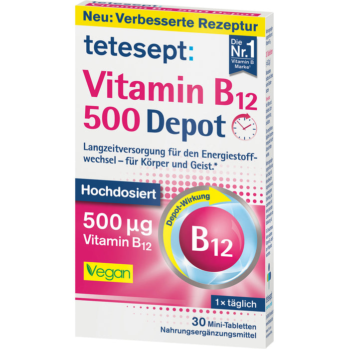 Tetesept Vitamin B12 500 Depot Mini-Tabletten zur Langzeitversorgung für den Energiestoffwechsel, 30 St. Tabletten