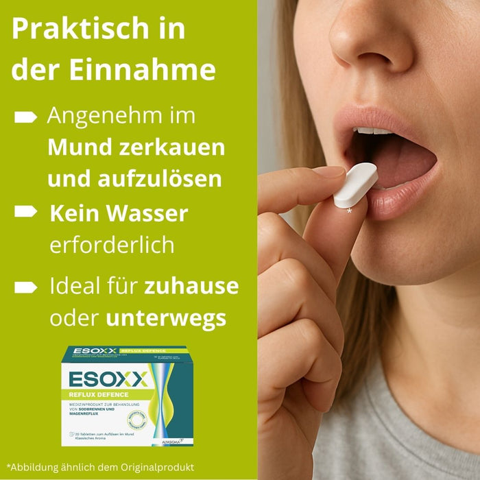 ESOXX Defence - Schnelle Hilfe bei Sodbrennen & Reflux, schützt Speiseröhre und Magen - mit Hyaluronsäure, Chondroitinsulfat & Magnesiumtrisilikat - glutenfrei & laktosefrei, 20 pcs. Tablets