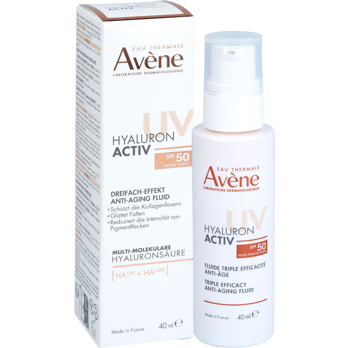 Avene Hyaluron activ UV Anti-Aging-Fluid mit dreifacher Wirksamkeit und LSF 50 glättet Falten und reduziert Pigmentflecken, 40 ml Solution
