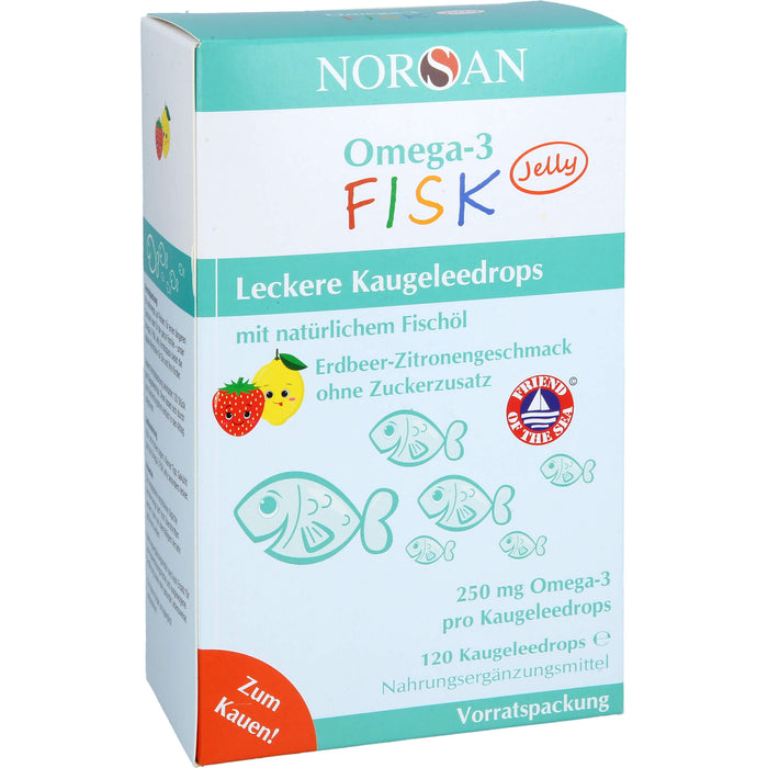 NORSAN Omega-3 FISK Jelly - für Kinder leckere Kaugeleedrops mit Erdbeer-Zitronengeschmack, 120 pcs. Gum drops
