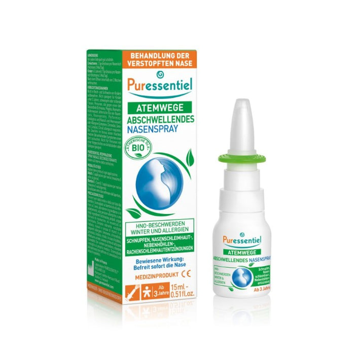Puressentiel Atemwege Abschwellendes Nasenspray mit Meerwasser und ätherischen BIO-Ölen – bei verstopfter Nase und Schnupfen, 15 ml Spray
