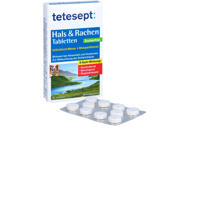 Tetesept Hals & Rachen Tabletten zuckerfrei zur Befeuchtung der Schleimhäute, 20 St. Tabletten