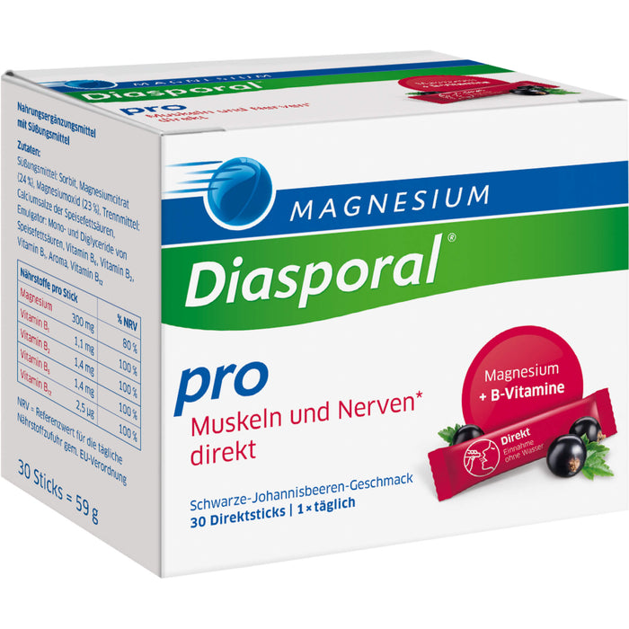 Magnesium-Diasporal Pro Muskeln und Nerven Direktsticks mit schwarzem-Johannisbeeren-Geschmack, 30 pc Bâtonnets