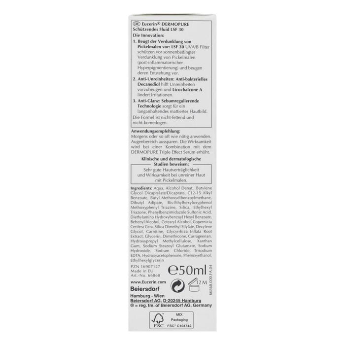 Eucerin Dermopure schützendes Fluid LSF 30 beugt der Verdunkelung von Pickelmalen und Unreinheiten vor, 50 ml Cream