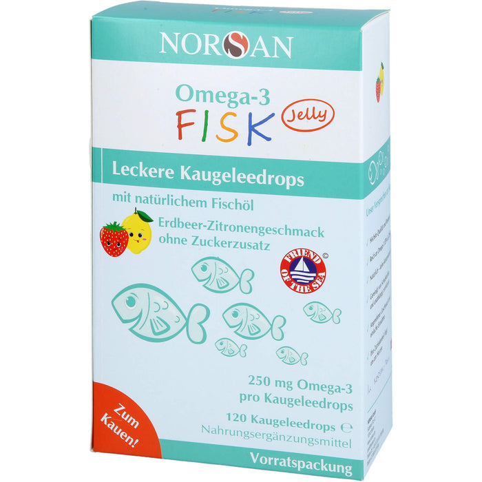 NORSAN Omega-3 FISK Jelly - für Kinder leckere Kaugeleedrops mit Erdbeer-Zitronengeschmack, 120 pcs. Gum drops