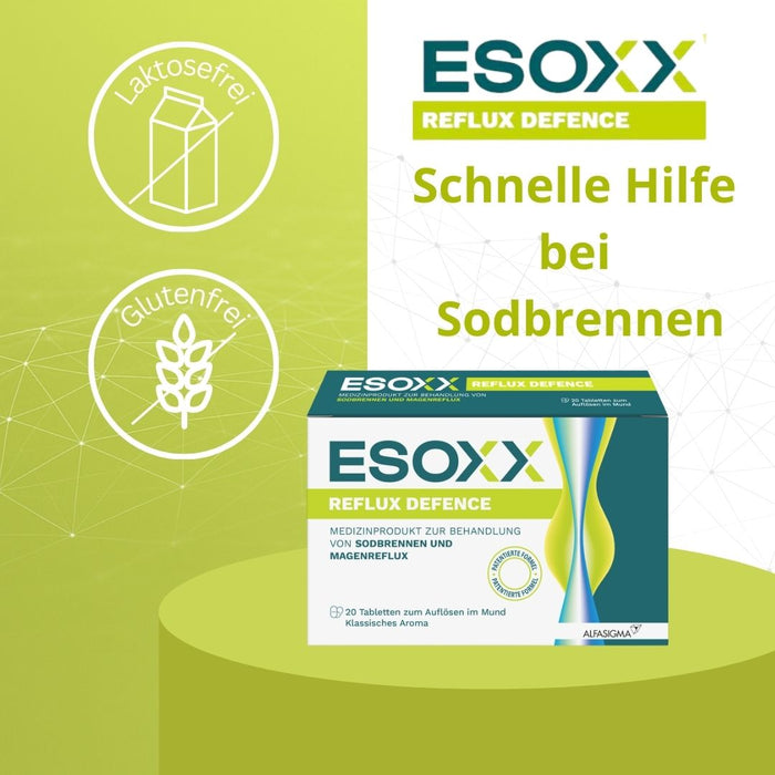 ESOXX Defence - Schnelle Hilfe bei Sodbrennen & Reflux, schützt Speiseröhre und Magen - mit Hyaluronsäure, Chondroitinsulfat & Magnesiumtrisilikat - glutenfrei & laktosefrei, 20 pcs. Tablets