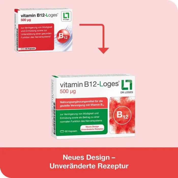 Vitamin B12-Loges 500 µg Kapseln zur Verringerung von Müdigkeit & trägt zu einer normalen Funktion des Nervensystems bei, 120 St. Kapseln