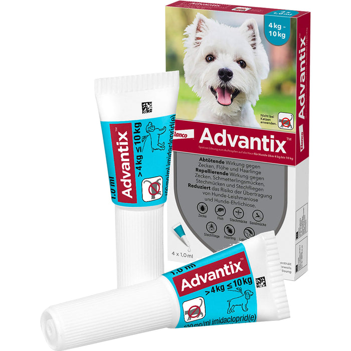 Advantix Spot-On 100 für kleine Hunde von 4 bis 10 kg Körpergewicht gegen Zecken, Flöhe und fliegende Insekten, 4 pc Récipients à dose unique