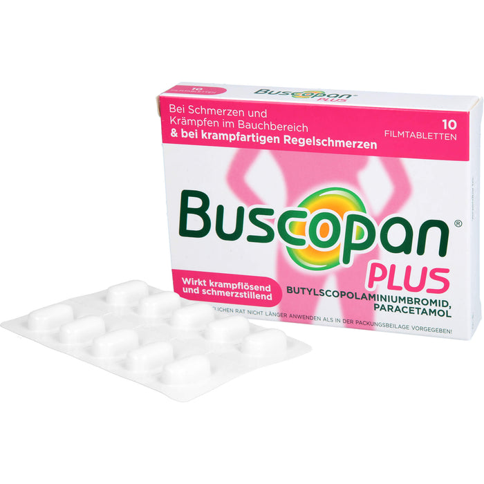 Buscopan plus 10 mg Butylscopolamin & 500 mg Paracetamol Filmtabletten bei Schmerzen und Krämpfen im Bauchbereich, 10 pc Tablettes
