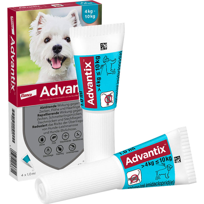 Advantix Spot-On 100 für kleine Hunde von 4 bis 10 kg Körpergewicht gegen Zecken, Flöhe und fliegende Insekten, 4 pc Récipients à dose unique