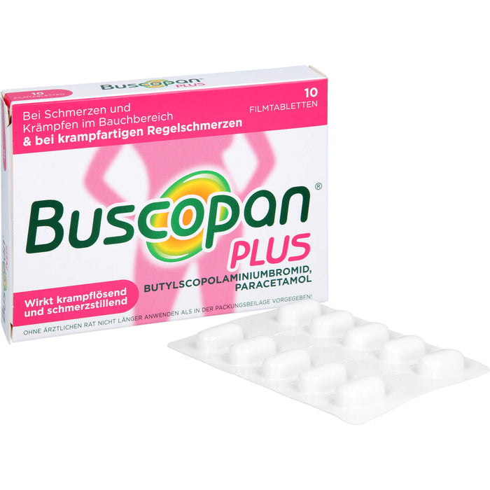 Buscopan plus 10 mg Butylscopolamin & 500 mg Paracetamol Filmtabletten bei Schmerzen und Krämpfen im Bauchbereich, 10 pc Tablettes