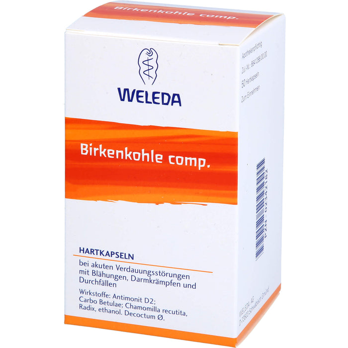 WELEDA Birkenkohle comp. Hartkapseln bei akuten Verdauungsstörungen mit Blähungen, Verdauungskrämpfen und Durchfällen, 50 pc Capsules