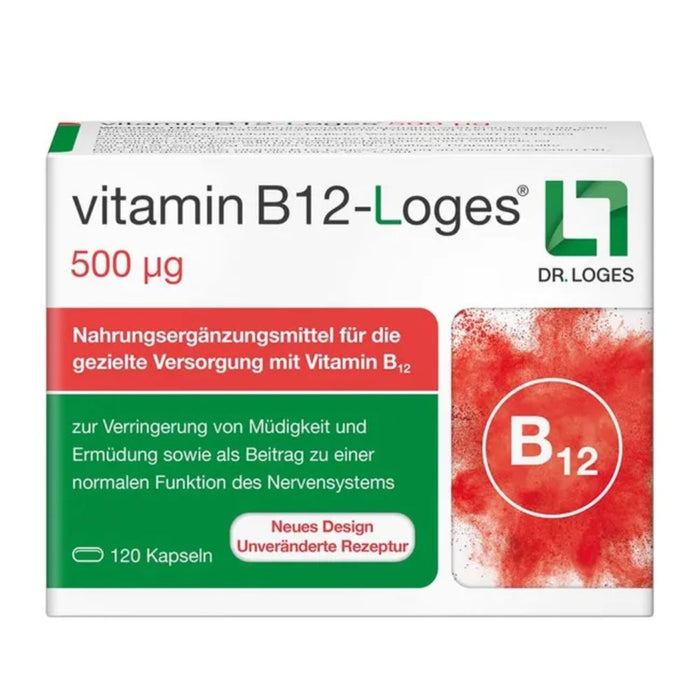 Vitamin B12-Loges 500 µg Kapseln zur Verringerung von Müdigkeit & trägt zu einer normalen Funktion des Nervensystems bei, 120 St. Kapseln